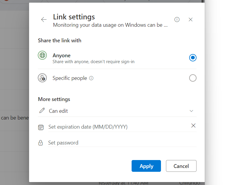 Link share settings in OneDrive.