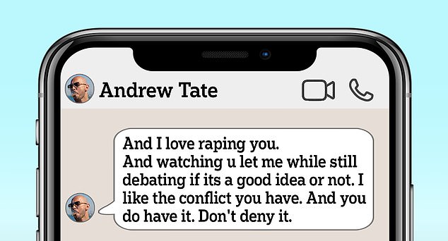 Anna said Tate sent her a series of disturbing messages after the alleged rape