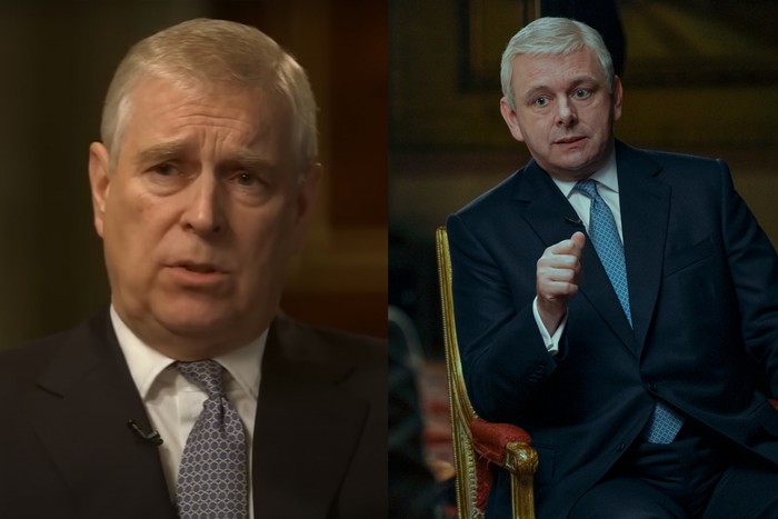 Images of Prince Andrew and Michael Sheen portraying him in A Very Royal Scandal, side by side