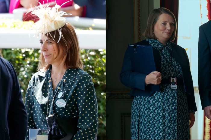 Images of Amanda Thirsk and Joanna Scanlan portraying her in A Very Royal Scandal, side by side