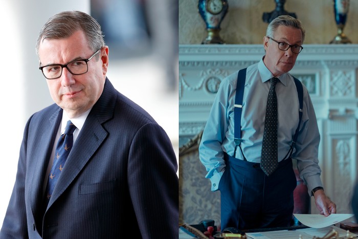 Images of Edward Young and Alex Jennings portraying him in A Very Royal Scandal, side by side