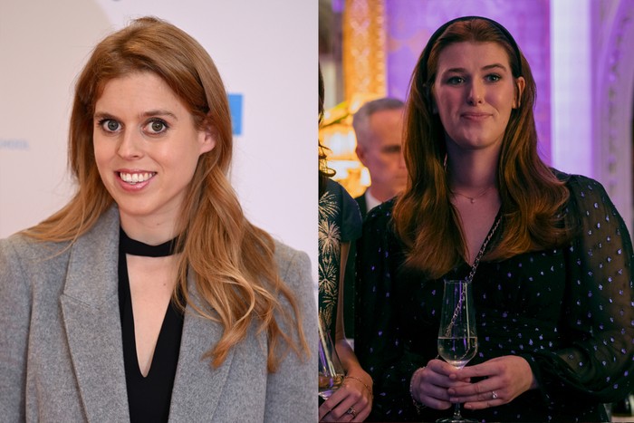 Images of Princess Beatrice and Honor Swinton Byrne portraying her in A Very Royal Scandal, side by side