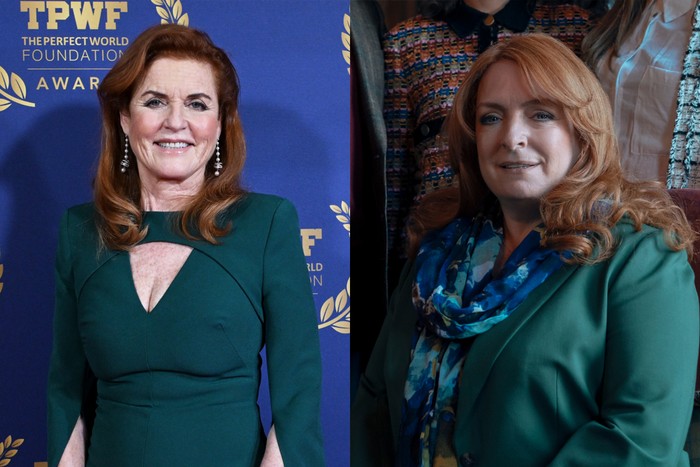 Images of Sarah Ferguson and Claire Rushbrook portraying her in A Very Royal Scandal, side by side