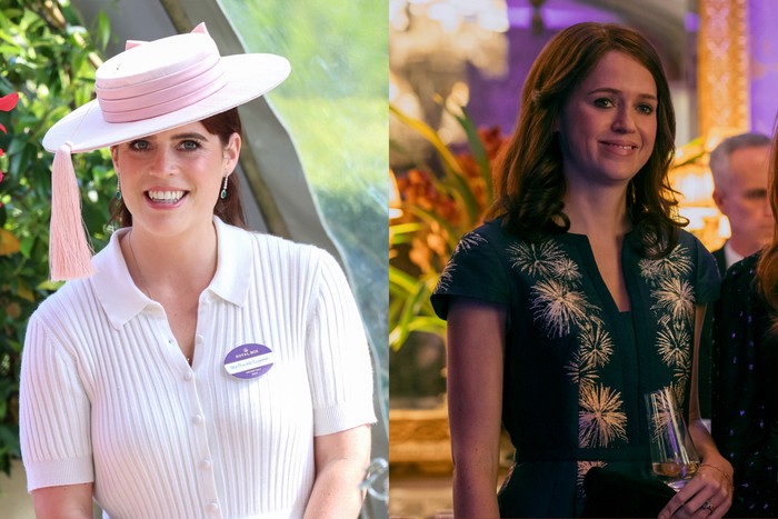 Images of Princess Eugenie and Sofia Oxenham portraying her in A Very Royal Scandal, side by side