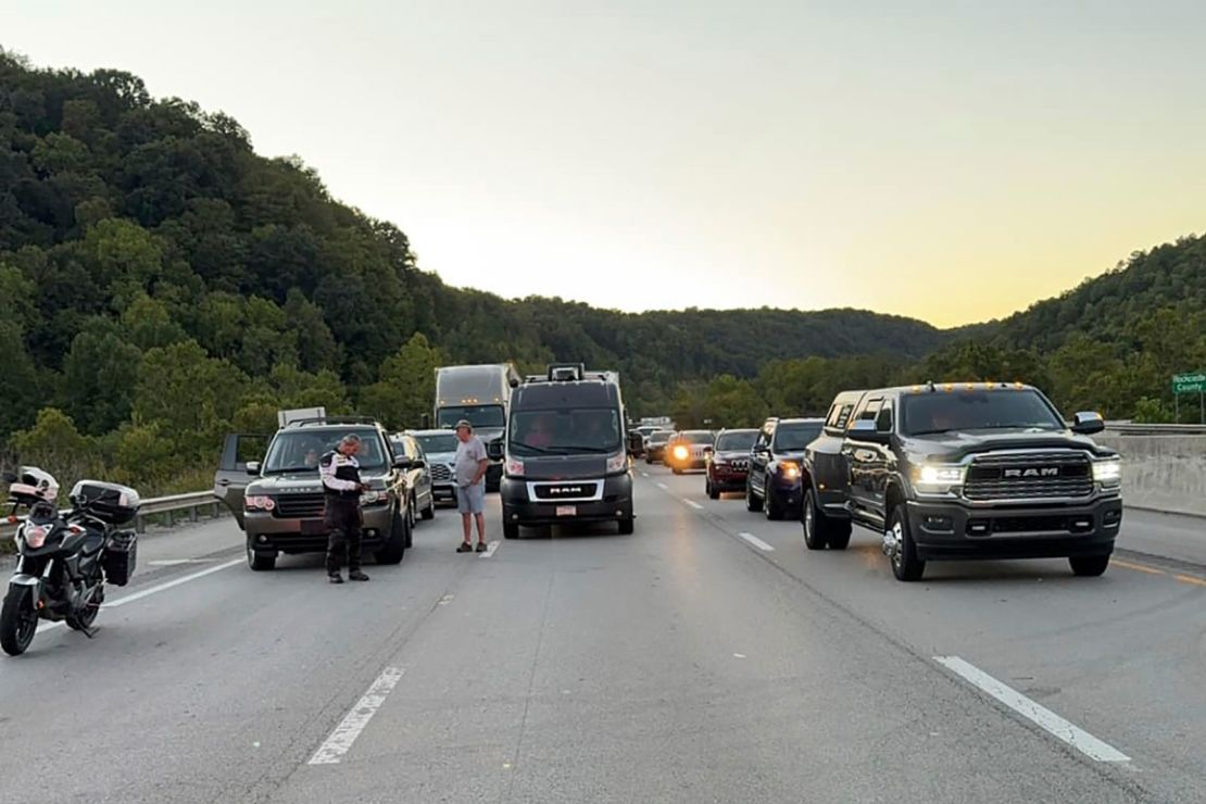 This image released by the Mount Vernon Fire Department shows traffic stopped during an active shooting on Interstate-75 north of London, Kentucky, September 7, 2024.