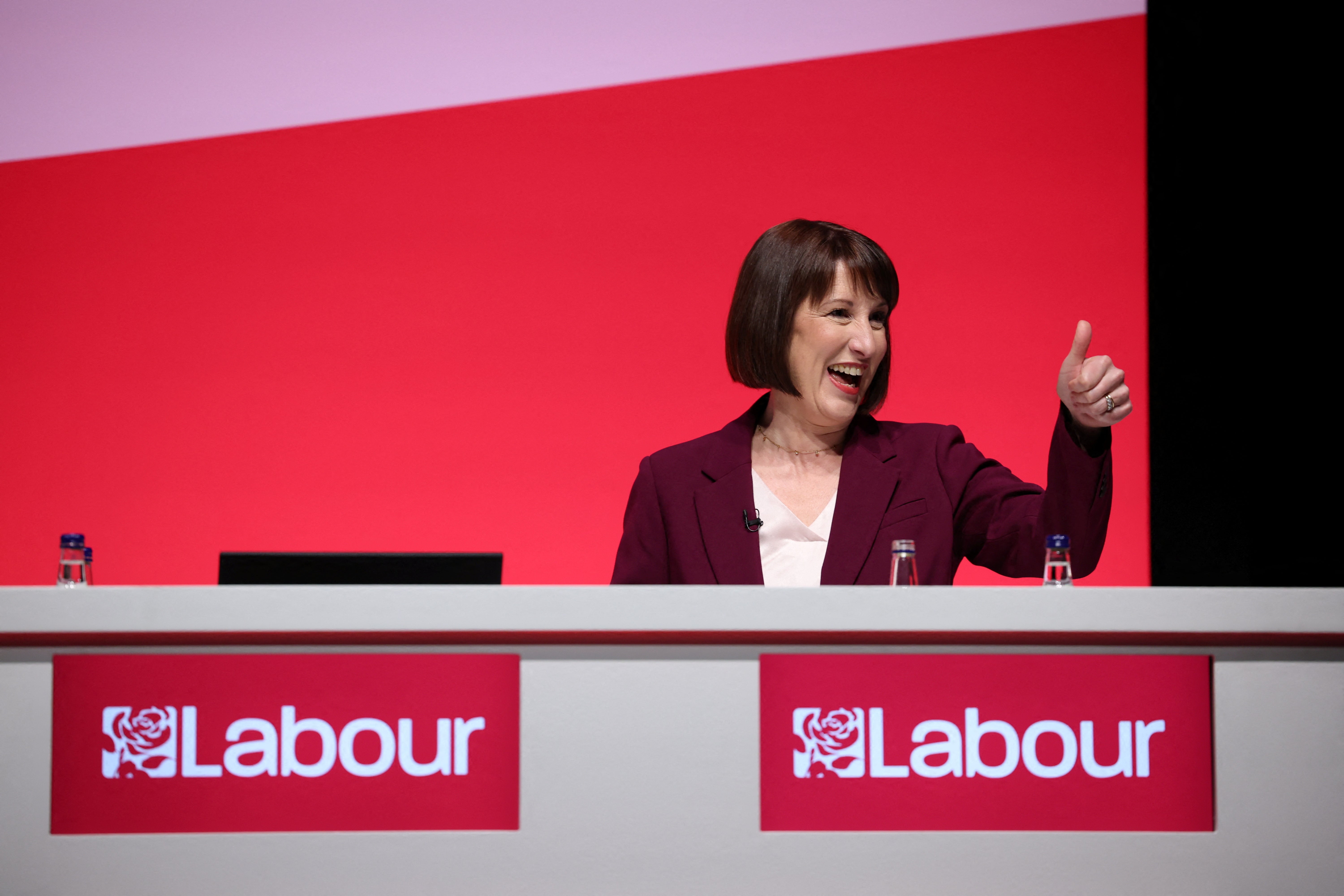 Chancellor of the Exchequer Rachel Reeves gestures as she attends the Britain's Labour Party's annual conference in Liverpool