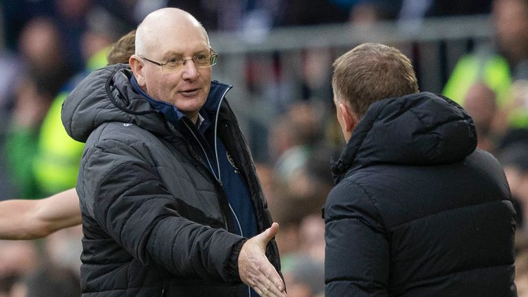 GLASGOW, SCOTLAND - SEPTEMBER 22: Celtic manager John McGlynn and Celtic manager Brendan Rodgers at full time during a Premier Sports Cup quarter-final match between Celtic and Falkirk, at Celtic Park, on September 22, 2024, in Glasgow, Scotland. (Photo by Craig Foy / SNS Group)