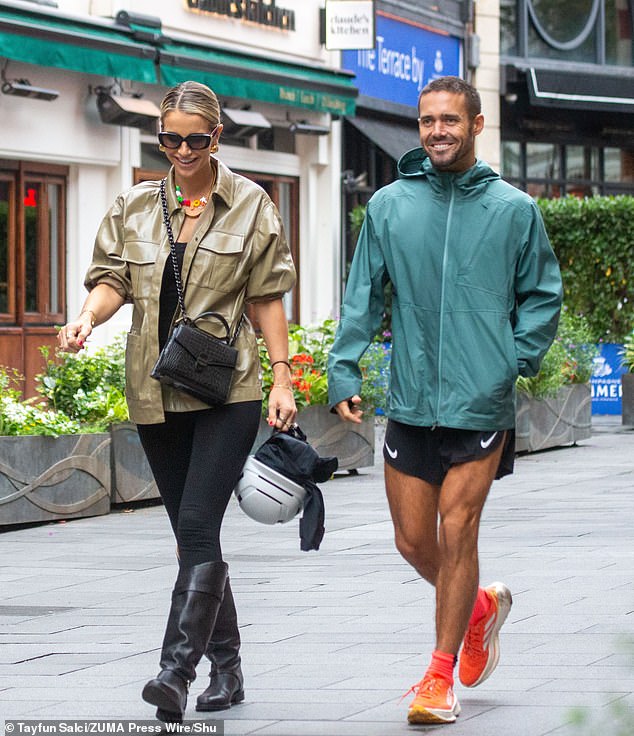 Meanwhile Spencer, who has just returned from his mammoth marathon challenge, cut a casual figure in jogging shorts and a turquoise raincoat