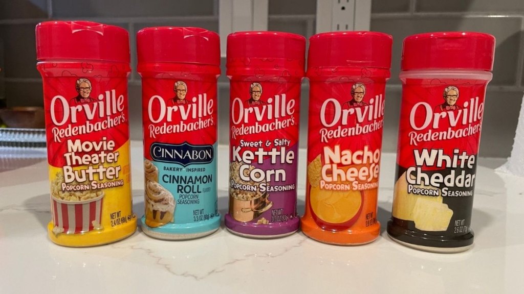 lineup of five of Orville Redenbacher's popcorn seasonings