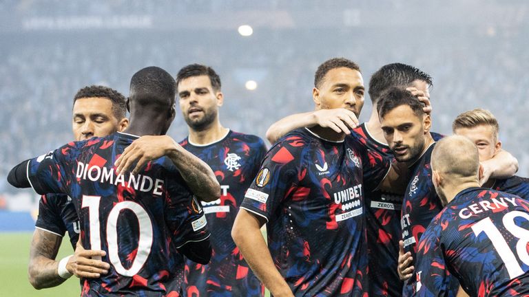 MALMO, SWEDEN - SEPTEMBER 26: Rangers' Nedim Bajrami (centre) celebrates scoring to make it 1-0 with his teammates during a UEFA Europa League Matchday One League Phase match between Malmo FF and Rangers at the Eleda Stadion, on September 26, 2024, in Malmo, Sweden. (Photo by Alan Harvey / SNS Group)