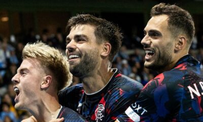 MALMO, SWEDEN - SEPTEMBER 26: Rangers' Ross McCausland (L) celebrates scoring to make it 2-0 with Robin Propper and Nedim Bajrami during a UEFA Europa League Matchday One League Phase match between Malmo FF and Rangers at the Eleda Stadion, on September 26, 2024, in Malmo, Sweden. (Photo by Alan Harvey / SNS Group)