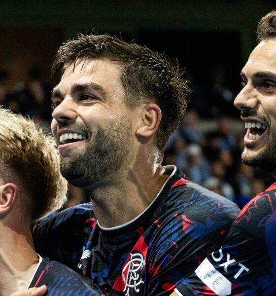 MALMO, SWEDEN - SEPTEMBER 26: Rangers' Ross McCausland (L) celebrates scoring to make it 2-0 with Robin Propper and Nedim Bajrami during a UEFA Europa League Matchday One League Phase match between Malmo FF and Rangers at the Eleda Stadion, on September 26, 2024, in Malmo, Sweden. (Photo by Alan Harvey / SNS Group)