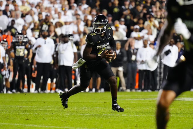 Aug 29, 2024; Boulder, Colorado, USA; Colorado Buffaloes quarterback Shedeur Sanders (2) during the fourth quarter against the North Dakota State Bison at Folsom Field.