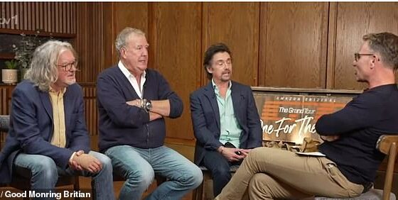 Jeremy Clarkson gave a telling answer to a question about his struggling pub, The Farmer's Dog, when he appeared on Good Morning Britain on Friday (Pictured L to R: James May, Jeremy, Richard Hammond and Richard Arnold)