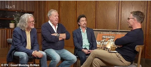 Jeremy Clarkson gave a telling answer to a question about his struggling pub, The Farmer's Dog, when he appeared on Good Morning Britain on Friday (Pictured L to R: James May, Jeremy, Richard Hammond and Richard Arnold)