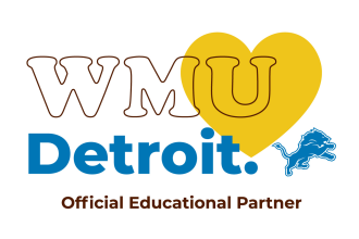 Reads: WMU Detroit. Official Educational Partner. Includes yellow heart and Detroit Lions logo.