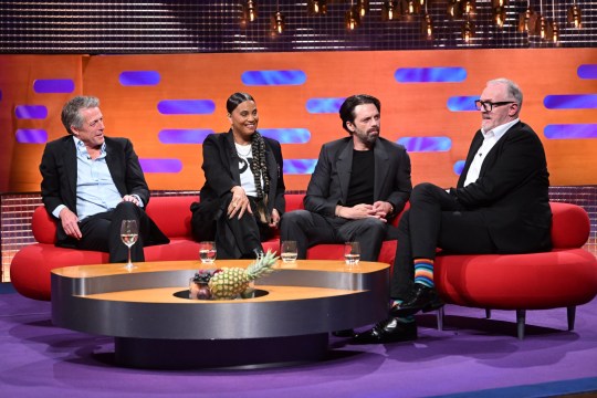 Hugh Grant, Neneh Cherry, Sebastian Stan and Greg Davies during filming for the Graham Norton Show 