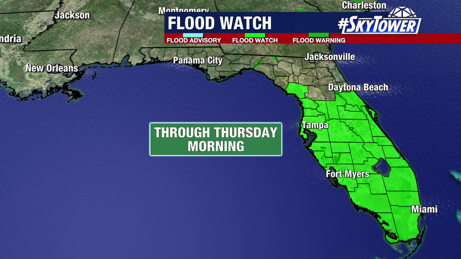 The entire Tampa Bay area is under a flood watch through Thursday morning, along with much of Central Florida and all of South Florida.