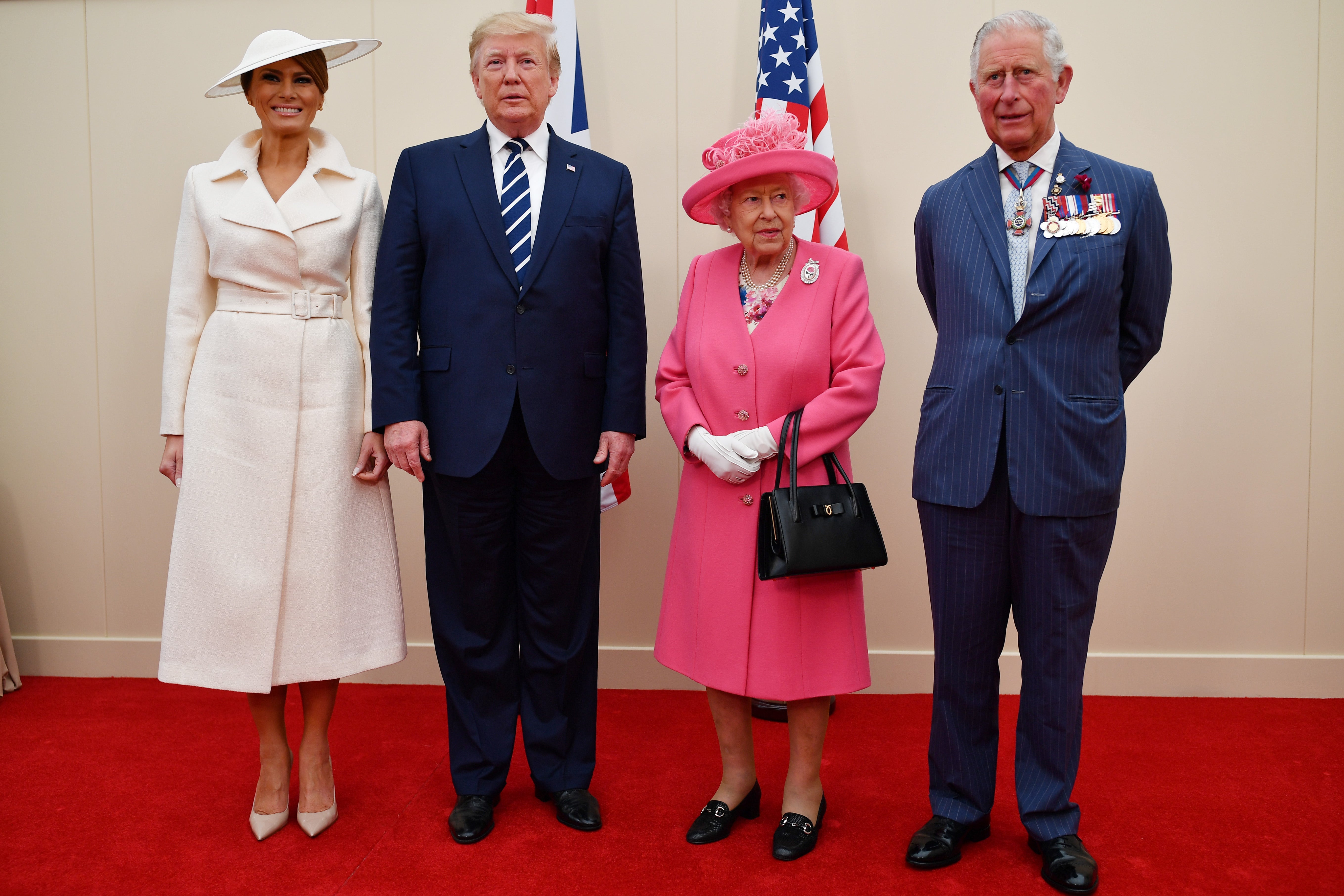 Prince Charles, Queen Elizabeth II, President Donald Trump and First Lady Melania Trump prepare to meet veterans during the D-Day 75 Commemorations on 5 June 2019.