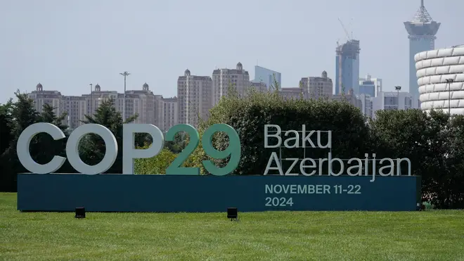 A sign for COP29, the United Nations Climate Change Conference, on display in Baku, Azerbaijan