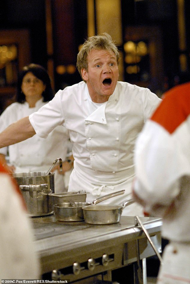 While Gordon is known for his hot temper in the kitchen, Noel then added: 'Don't put that in he'll beat me up' (Gordon pictured on Hell's Kitchen in 2009)