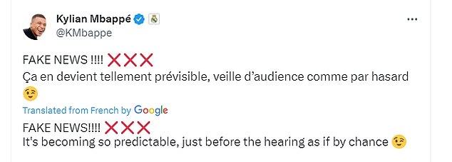 But Mbappe shared a newspaper article on the alleged rape on X and wrote: 'Fake News!'