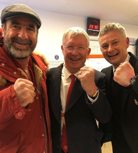 Eric Cantona and Sir Alex Ferguson in Manchester United's dressing room with Ole Gunnar Solskjaer