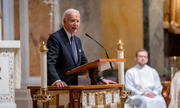 President Joe Biden speaks at a memorial service for Ethel Kennedy, the wife of Sen. Robert F. Kennedy, at the Cathedral of St. Matthew the Apostle in Washington, Wednesday, Oct. 16, 2024. (Ben Curtis/AP)