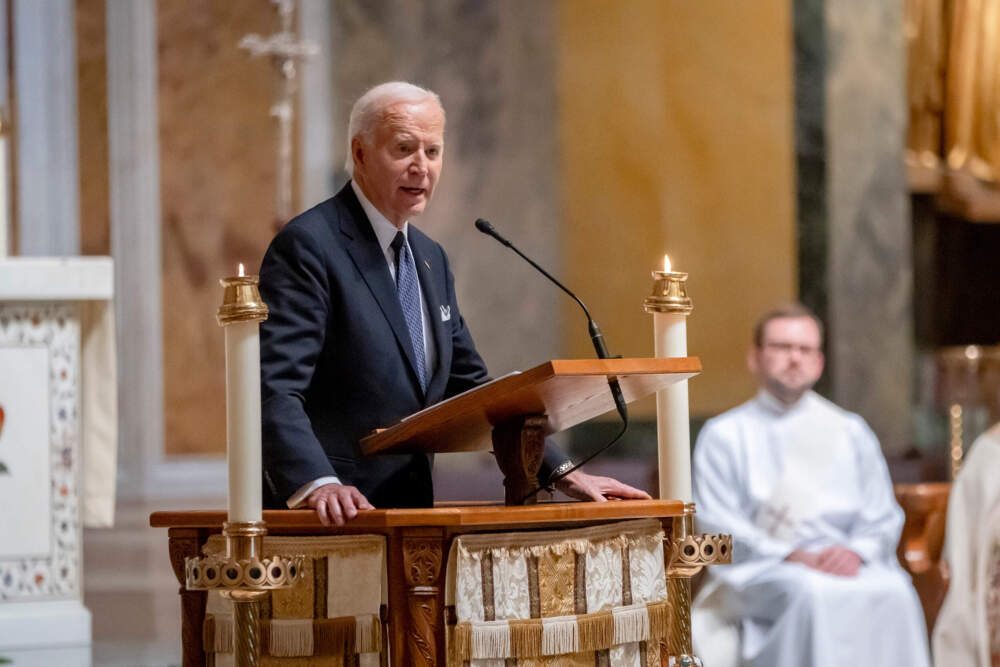 President Joe Biden speaks at a memorial service for Ethel Kennedy, the wife of Sen. Robert F. Kennedy, at the Cathedral of St. Matthew the Apostle in Washington, Wednesday, Oct. 16, 2024. (Ben Curtis/AP)