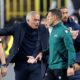 Jose Mourinho remonstrates with the fourth official before his red card during Fenerbahce's Europa LEague game against Manchester United