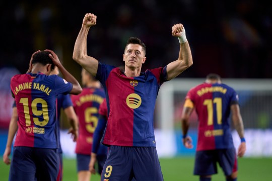 Robert Lewandowski pictured celebrating a goal for Barcelona