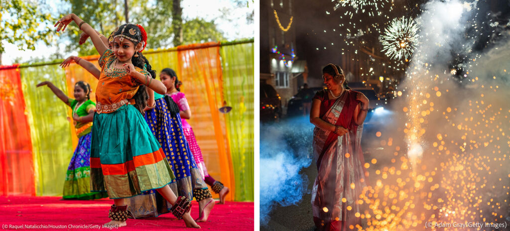 Izda.: Jóvenes bailarines actúan vestidos con coloridos atuendos (© Raquel Natalicchio/Houston Chronicle/Getty Images) Dcha.: Una mujer de pie cerca de fuegos artificiales encendidos (© Adam Gray/Getty Images)