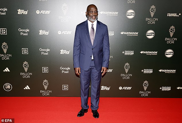 Weah - who won the men's award in 1995 - pictured on the red carpet after arriving on Monday