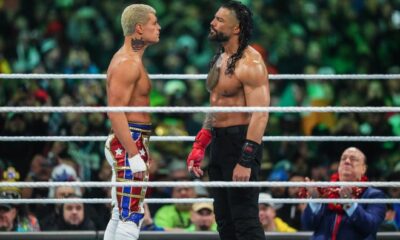 Cody Rhodes faces off with Roman Reigns during Night Two of WrestleMania 40 at Lincoln Financial Field on April 7, 2024 in Philadelphia, Pennsylvania.