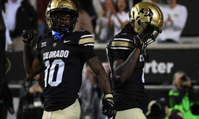 Sep 21, 2024; Boulder, Colorado, USA; Colorado Buffaloes wide receiver Omarion Miller (4) celebrates with wide receiver LaJohntay Wester (10) after a touchdown during the first half against the Baylor Bears at Folsom Field.