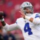 SANTA CLARA, CALIFORNIA - OCTOBER 27: Dak Prescott #4 of the Dallas Cowboys warms up prior to a game against the San Francisco 49ers at Levi's Stadium on October 27, 2024 in Santa Clara, California. (Photo by Thearon W. Henderson/Getty Images)