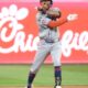 New York Mets third baseman Mark Vientos (27) reacts after driving in the tying run against the Philadelphia Phillies in the eighth inning in Game 1 of the NLDS at Citizens Bank Park.