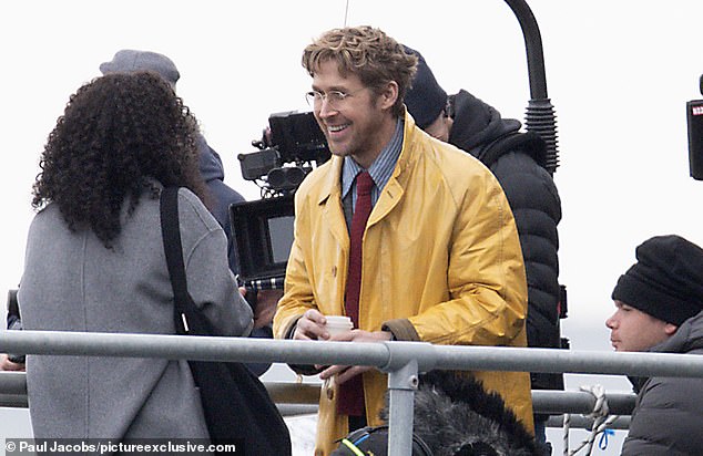 Ryan Gosling chatted to a co-star as he filmed Project Hail Mary in rainy conditions on South Parade Pier in Southsea on Sunday