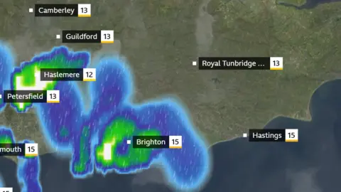 BBC A screenshot of a BBC weather satellite map showing a storm front predicted to move across the south east.