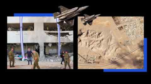 Montage image of fighter jets, a damaged building in Gedera, Israel (left) and a nuclear facility in Iran (right)