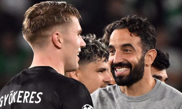 Ruben Amorim congratulates Viktor Gyokeres after Sporting's 4-1 win over Manchester City