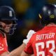 England's captain Jos Buttler and Will Jacks celebrate runs against West Indies during the second T20 cricket match at Kensington Oval in Bridgetown, Barbados, Sunday, Nov. 10, 2024. (AP Photo/Ricardo Mazalan)