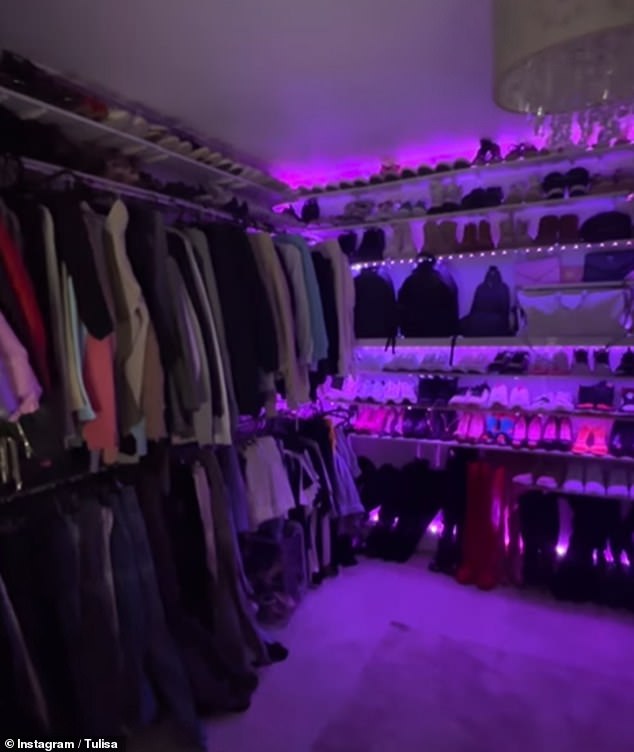 Even her dressing room wasn't immune from the neon lighting throughout the house, offering a soft purple tone to the star's vast wardrobe