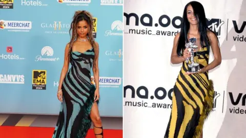 PA / Getty Images Tyla and Aaliyah see in striped dresses