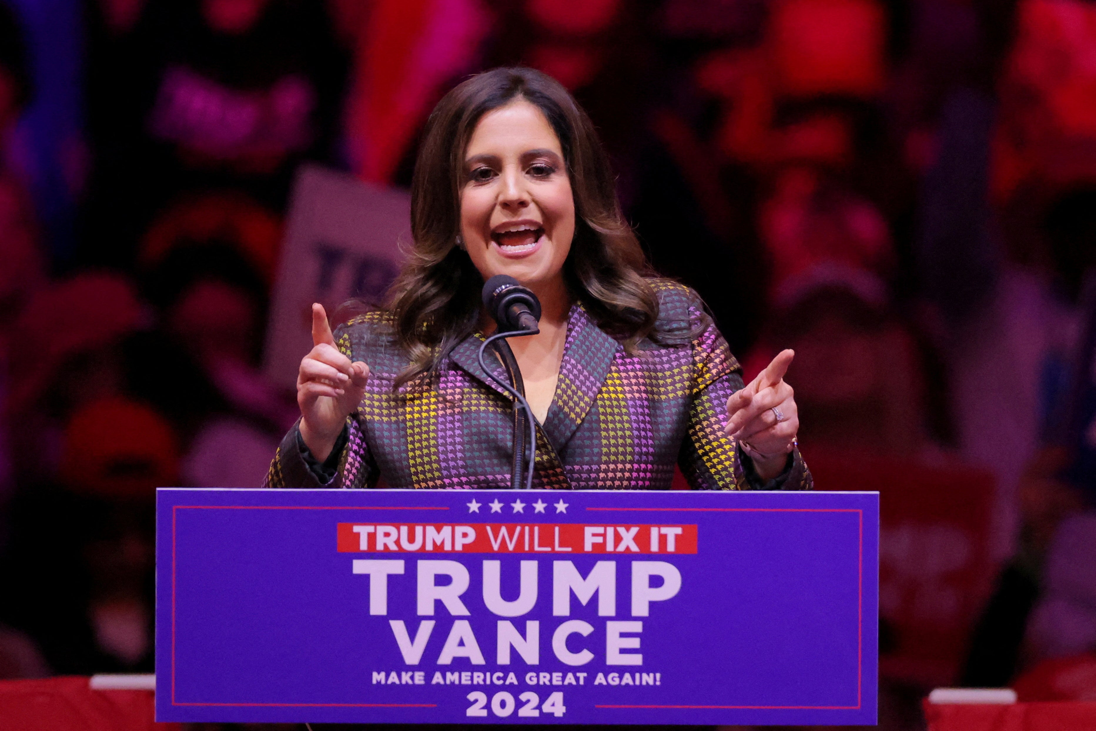 Stefanik speaks during a Trump rally at Madison Square Garden, in New York, on October 27