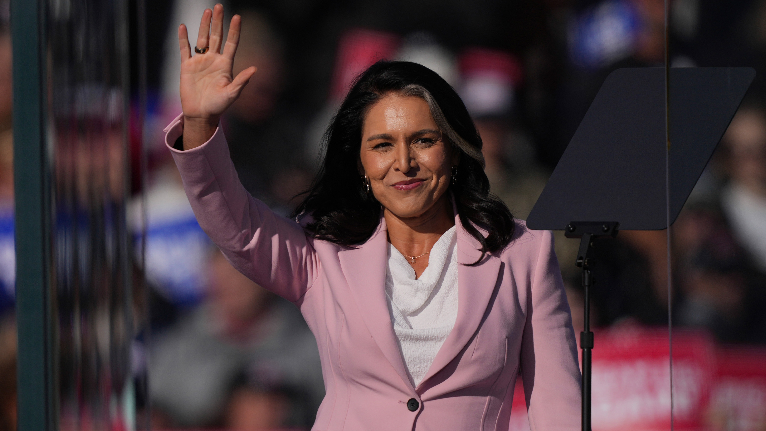 Tulsi Gabbard arrives to speak before Republican presidential nominee former President Donald Trump at a campaign rally in Lititz, Pa., Sunday, Nov. 3, 2024. 