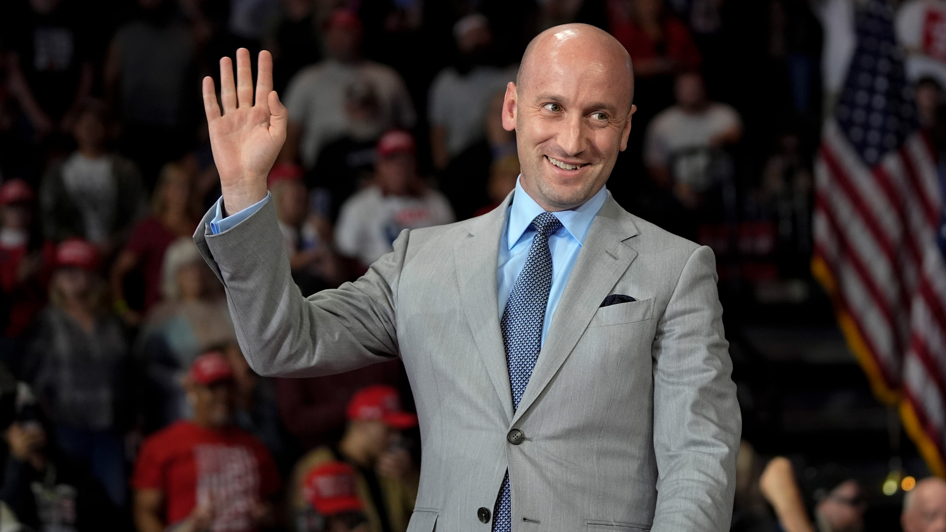 Stephen Miller arrives before Republican presidential nominee former President Donald Trump at a campaign rally at the Santander Arena, Wednesday, Oct. 9, 2024, in Reading, Pa.