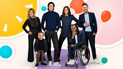 Key art for BBC Children in Need 2024 featuring photos of Mel Giedroyc, Lenny Rush, Vernon Kay, Rochelle Humes, Ade Adepitan and Chris Ramsey.