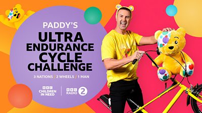 Artwork for Paddy’s UItra Endurance Cycle Challenge for BBC Children In Need. Featuring a picture of Paddy McGuinness wearing yellow Pudsey bear ears. 