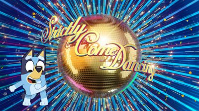 Animated children's TV character Bluey, a Blue Heeler puppy, dances in front of the Strictly Come Dancing glitterball logo